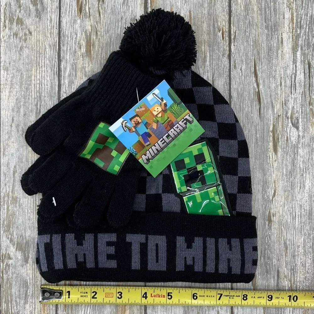 Minecraft Beanie Hat Knit & Ski Gloves 3-Piece Set